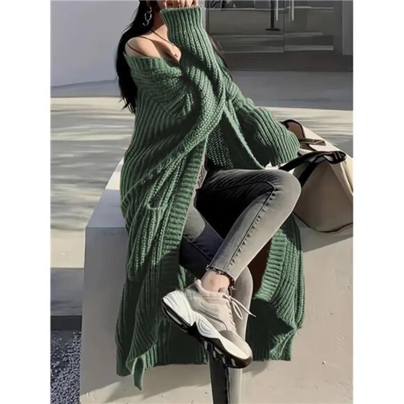 Womens Long Cardigan Sweaters Open Front Oversized Green - Picture 4 of 5